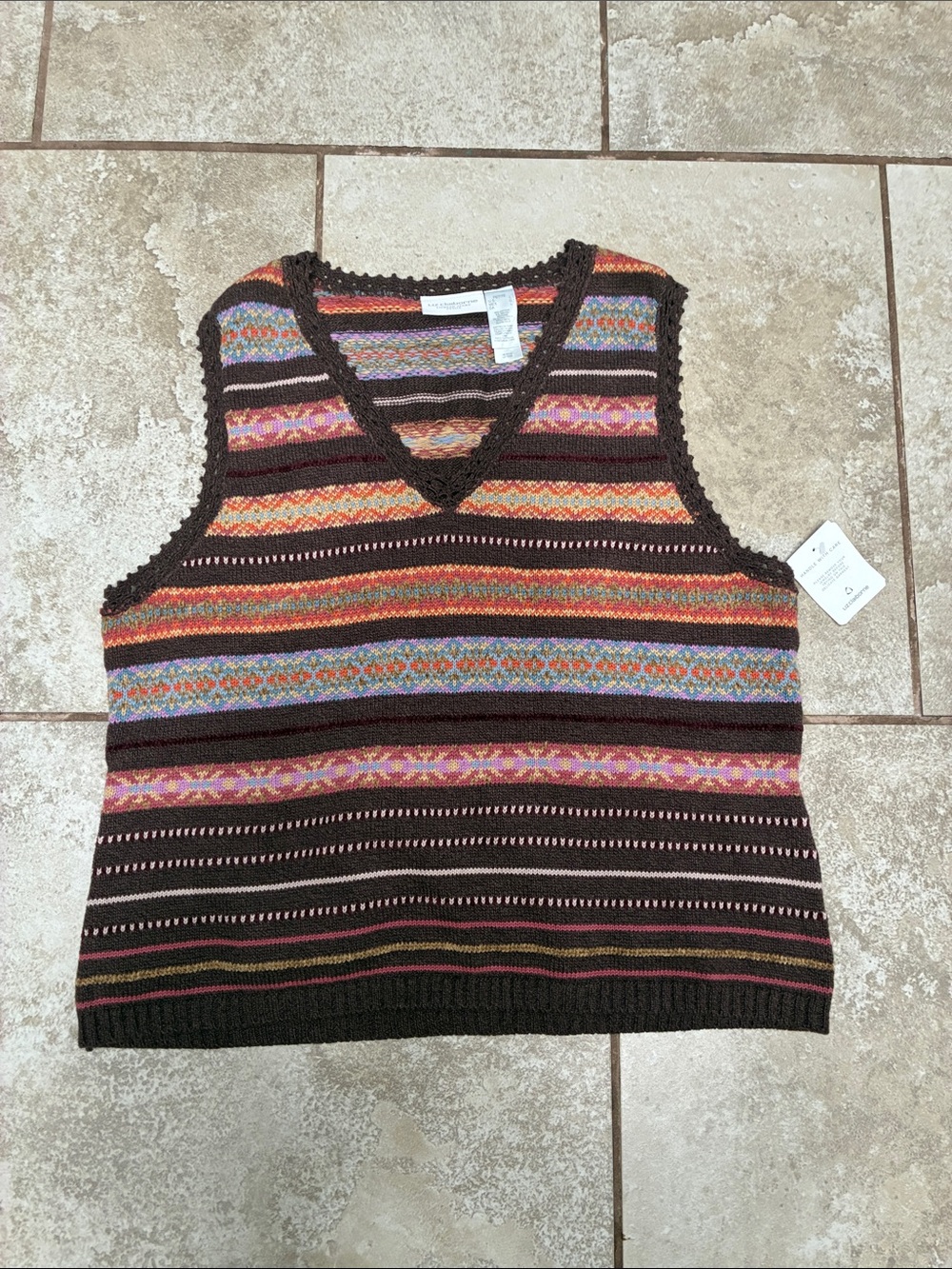 Liz Claiborne Brown Multicolor Striped V-Neck Knit Vest